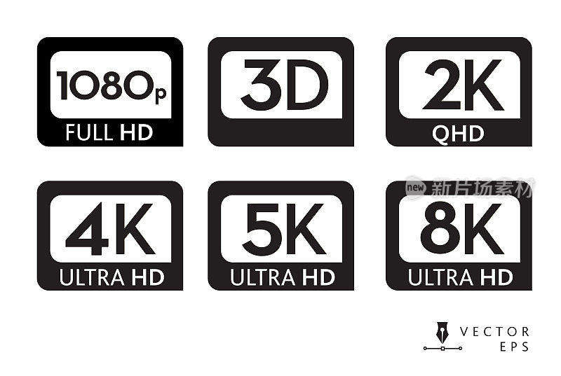 屏幕图标标签分辨率1080p 3D 2K 4K 5K 8K超高清，黑白白底